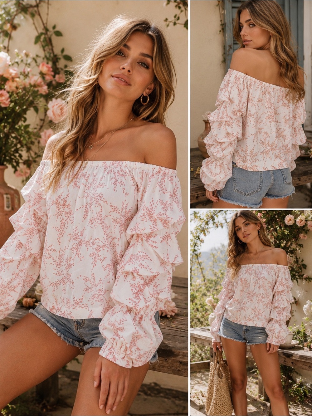 NWT Emilio Pepe Italy Off Shoulder Ruffle Sleeve Peasant Blouse Medium